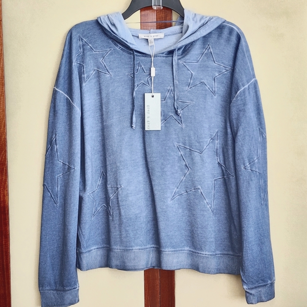 Faded Blue Demin Embroidered Hoodie L